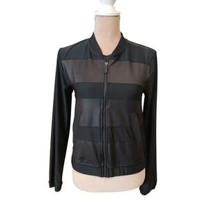MPG Womens Bomber Jacket Black Faux Leather Panel Zip Up XS